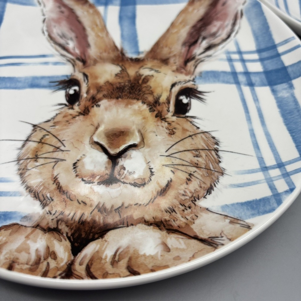HENRY BUNNY Set of 3 Salad Plates 8.75" Pier 1 Imports Blue Plaid Easter Spring - Picture 2 of 8